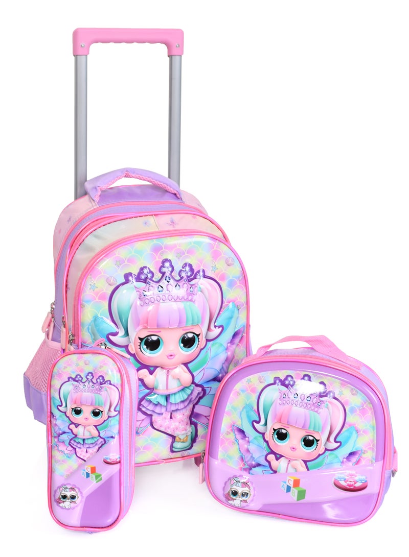 MORANO Girls School Rolling Trolley Bag with Pencil Case and Lunch Box Size 14" - Pink  - Image 1