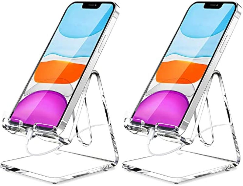 Crpich Acrylic Cell Phone Stand, Portable Phone Holder, Clear Phone Stand for Desk, Compatible with Phone15 14 13 12 Pro Max 11 Xr Plus SE, Switch, Android Smartphone, Pad, Desk Accessories, 2 Pack - Image 1