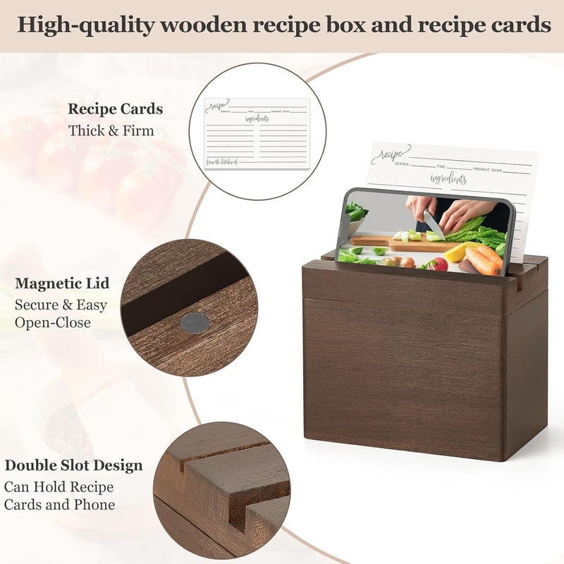 Dahey Double Slots Recipe Box Wooden Recipe Organizer with 100 Recipe Cards and 6 Dividers, Rustic Recipe Cards and Box Set with Phone Holder to Write in Your Own Recipes for Cooking Lovers Kitchen - Image 4