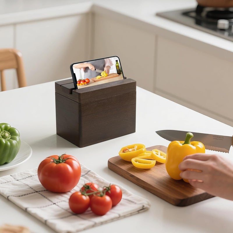 Dahey Double Slots Recipe Box Wooden Recipe Organizer with 100 Recipe Cards and 6 Dividers, Rustic Recipe Cards and Box Set with Phone Holder to Write in Your Own Recipes for Cooking Lovers Kitchen - Image 2