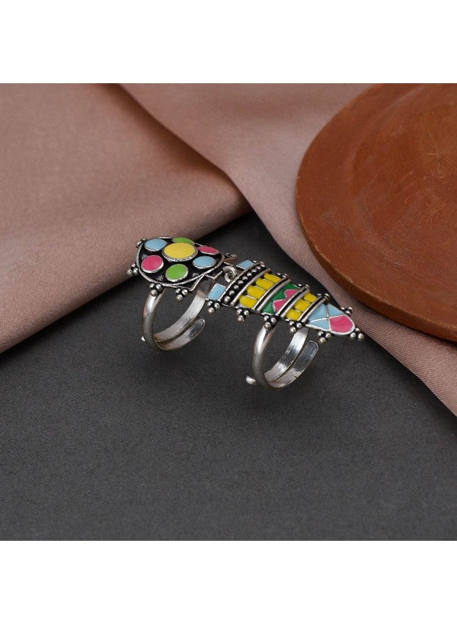 VOYLLA Folklore Long Coloured Enamel Finger Ring|Oxidised Ring For Women|Adjustable Ring|Gift For Women| - Image 2