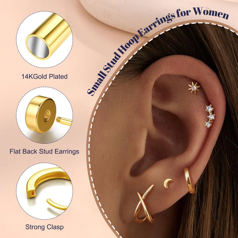 FUNRUN JEWELRY Hypoallergenic Gold Stud Earrings Stacks for Women Trendy-14K Gold Plated Cute Sterling Silver Earrings Dainty Flat Back Cartilage Earrings Sets for Multiple Piercings 5Pairs - Image 2