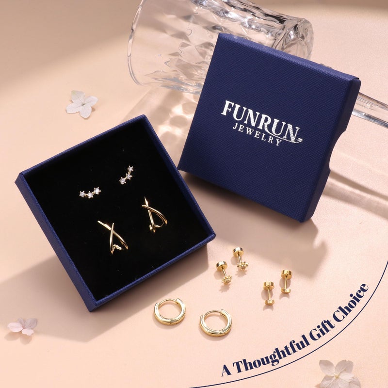 FUNRUN JEWELRY Hypoallergenic Gold Stud Earrings Stacks for Women Trendy-14K Gold Plated Cute Sterling Silver Earrings Dainty Flat Back Cartilage Earrings Sets for Multiple Piercings 5Pairs - Image 5