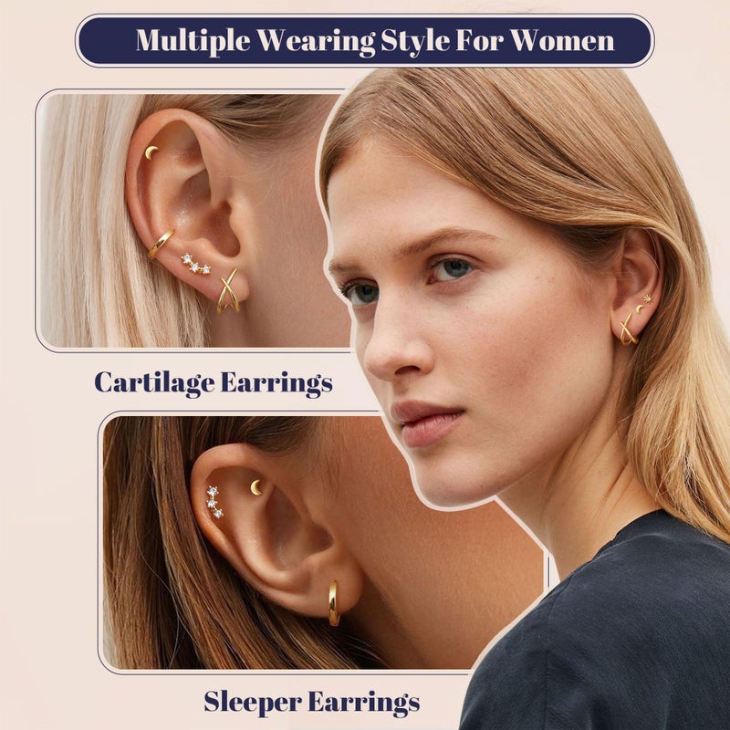 FUNRUN JEWELRY Hypoallergenic Gold Stud Earrings Stacks for Women Trendy-14K Gold Plated Cute Sterling Silver Earrings Dainty Flat Back Cartilage Earrings Sets for Multiple Piercings 5Pairs - Image 3