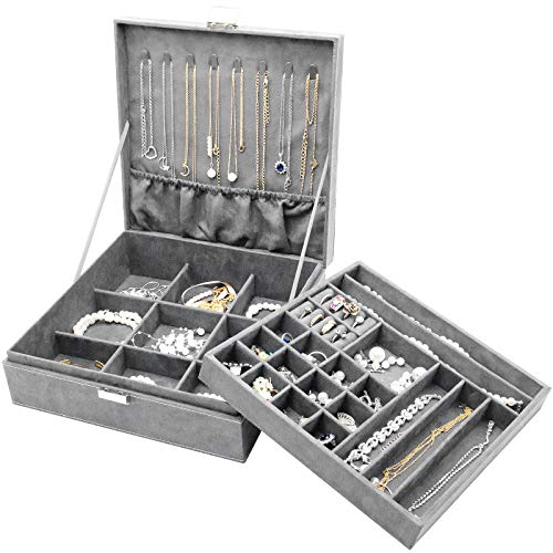 ProCase Velvet Jewelry Box Organizer for Women, 2 Layer Jewelry Display Storage Holder Case for Necklace Earrings Bracelets Rings -Grey - Image 1