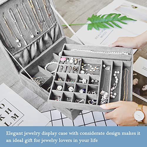 ProCase Velvet Jewelry Box Organizer for Women, 2 Layer Jewelry Display Storage Holder Case for Necklace Earrings Bracelets Rings -Grey - Image 2