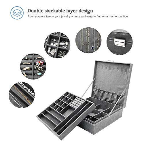 ProCase Velvet Jewelry Box Organizer for Women, 2 Layer Jewelry Display Storage Holder Case for Necklace Earrings Bracelets Rings -Grey - Image 4