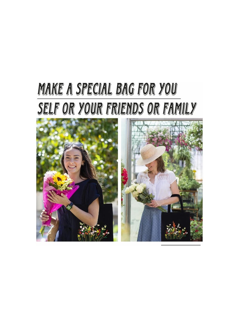 Generic - DIY Canvas Tote Bag Embroidery Kit, Black Canvas Bag Flower Cross Stitch Kit with Pattern and Instruction Personalized Bag Funny Hand Needlepoint Kit Include Hoops Color Threads and Needles - Image 1