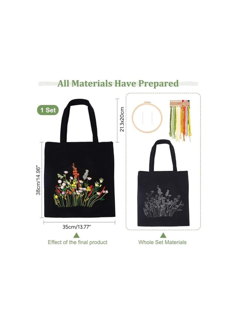 Generic - DIY Canvas Tote Bag Embroidery Kit, Black Canvas Bag Flower Cross Stitch Kit with Pattern and Instruction Personalized Bag Funny Hand Needlepoint Kit Include Hoops Color Threads and Needles - Image 1