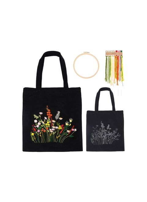 DIY Canvas Tote Bag Embroidery Kit, Black Canvas Bag Flower Cross Stitch Kit with Pattern and Instruction Personalized Bag Funny Hand Needlepoint Kit Include Hoops Color Threads and Needles