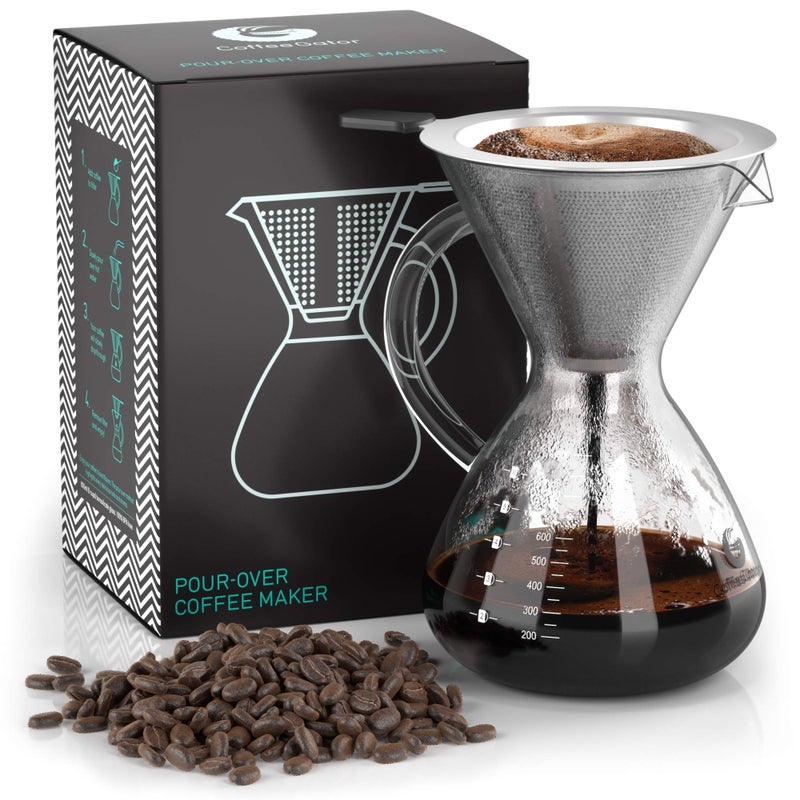 Coffee Gator Pour Over Coffee Maker  27oz High Heat Borosilicate Glass with Reusable Stainless Steel Filter Drip Coffee Brewer Dripper Set Carafe 800ml Clear