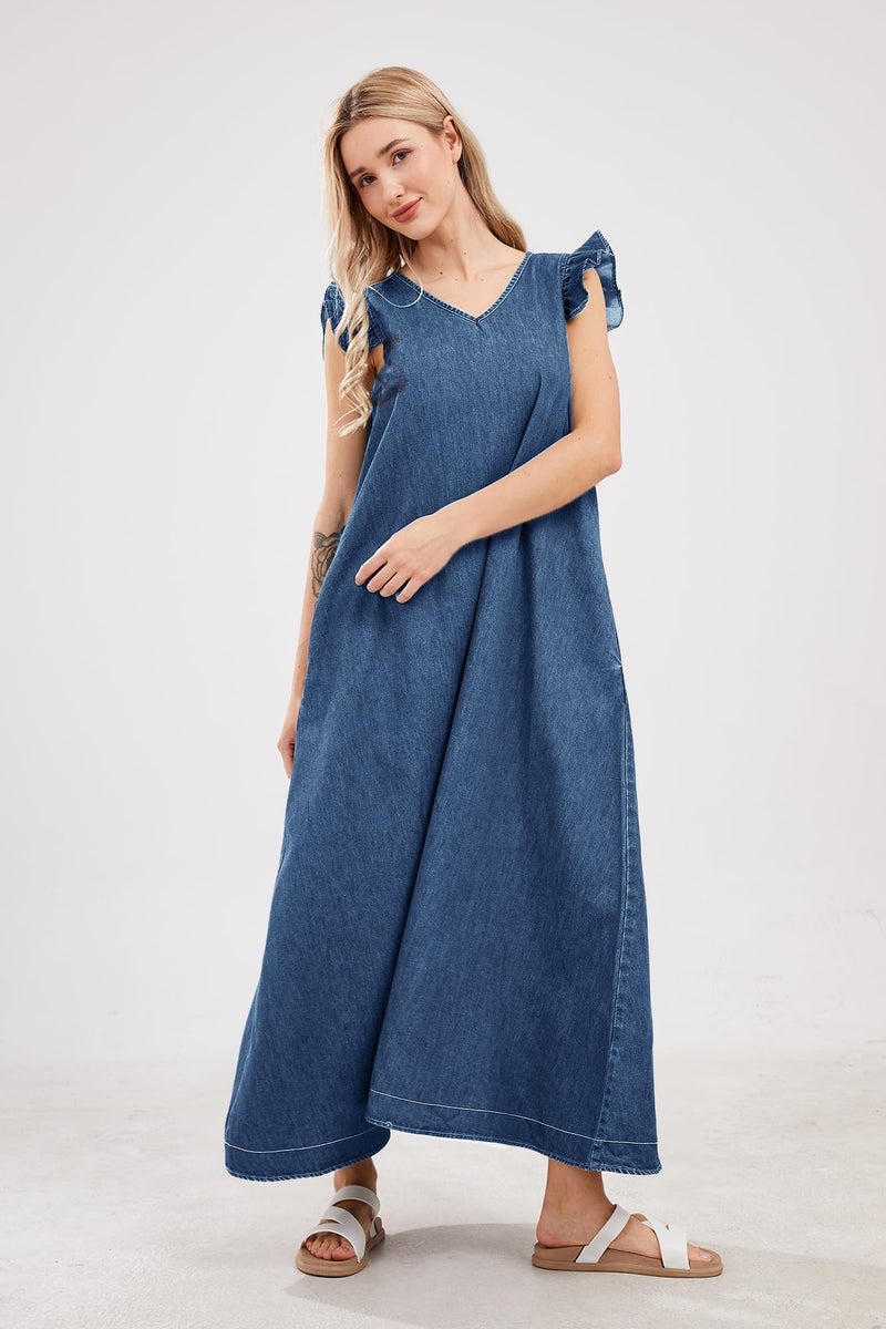 utcoco Womens Long Denim Dress Casual Loose Fit Ruffle Sleeveless V-Neck Jean Maxi Dresses for Women 2026 (Small, Blue) - Image 2