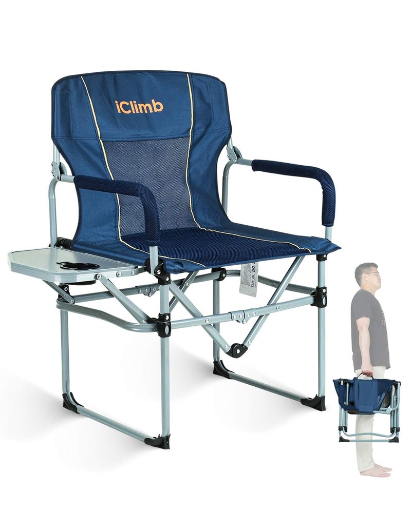 iClimb Heavy Duty Compact Camping Folding Mesh Chair with Side Table and Handle Navy