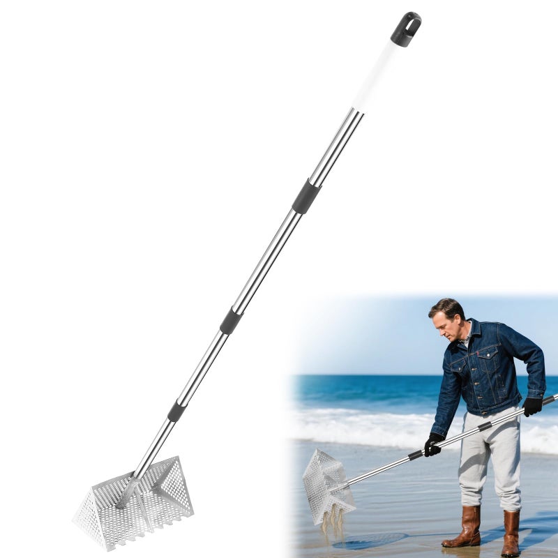 Woxnoc Sand Flea Rake, Long Handle Sand Sifter with 65-Inch Pole - Stainless Steel Shark Tooth Sifter, 13-Inch Wide Mesh Screen for Beach, Seaside Collecting of Fleas, Shark Teeth & Seashells - Image 1