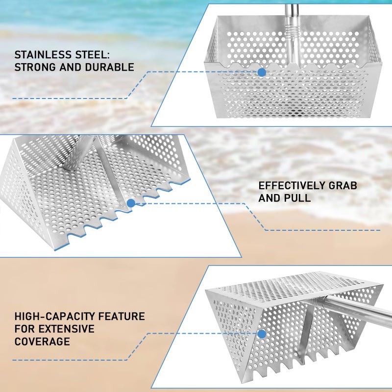 Woxnoc Sand Flea Rake, Long Handle Sand Sifter with 65-Inch Pole - Stainless Steel Shark Tooth Sifter, 13-Inch Wide Mesh Screen for Beach, Seaside Collecting of Fleas, Shark Teeth & Seashells - Image 4