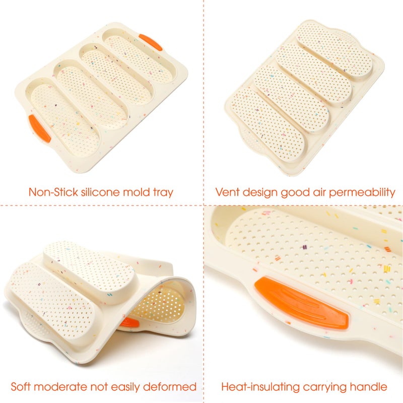 BuleVina French Bread Hoagie Sub Roll Baking Pans 4-slot, Non Stick Silicone Mould Mold Tray for Sandwich Baguette Hot Dog Bun Loaf Food, Mini Tool Set for Restaurant Homemade Household Breakfast Dinner-Beige - Image 3