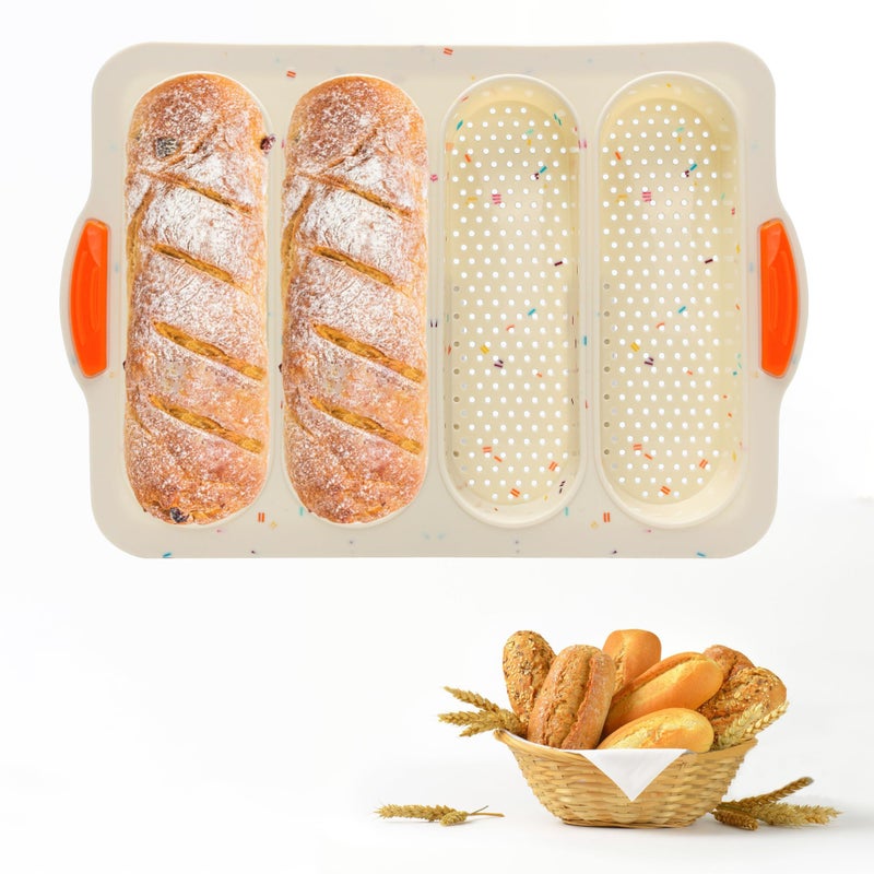 BuleVina French Bread Hoagie Sub Roll Baking Pans 4-slot, Non Stick Silicone Mould Mold Tray for Sandwich Baguette Hot Dog Bun Loaf Food, Mini Tool Set for Restaurant Homemade Household Breakfast Dinner-Beige - Image 1