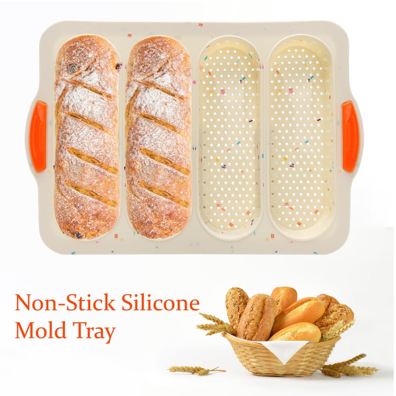 BuleVina French Bread Hoagie Sub Roll Baking Pans 4-slot, Non Stick Silicone Mould Mold Tray for Sandwich Baguette Hot Dog Bun Loaf Food, Mini Tool Set for Restaurant Homemade Household Breakfast Dinner-Beige - Image 4