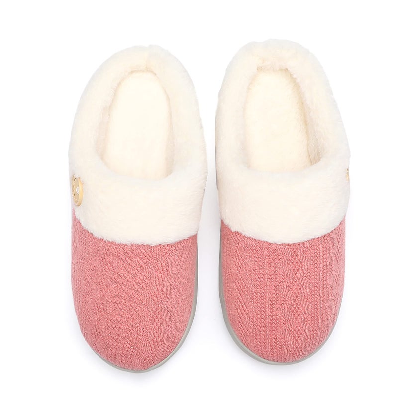 Chantomoo Womens Slipper Warm Comfy Memory Foam House Slippers Knitted Shoes Faux Fur Lined Anti-Skid Rubber Sole Bedroom Cozy Indoor Outdoor Slippers Red Dark Pink 5 6 - Image 5