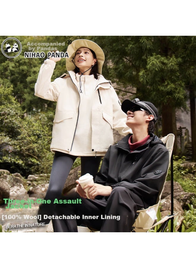 Pandas Panda Companion سترة رياح نسائية 3 في 1 ذات طبقة صوف داخلية قابلة للفصل لفصول الربيع والخريف والشتاء، معطف أسود صغير جديد - Image 1