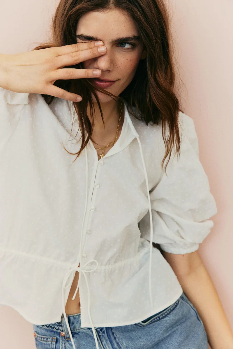 اتش اند ام بلوزة قطنية بأكمام منفوخة