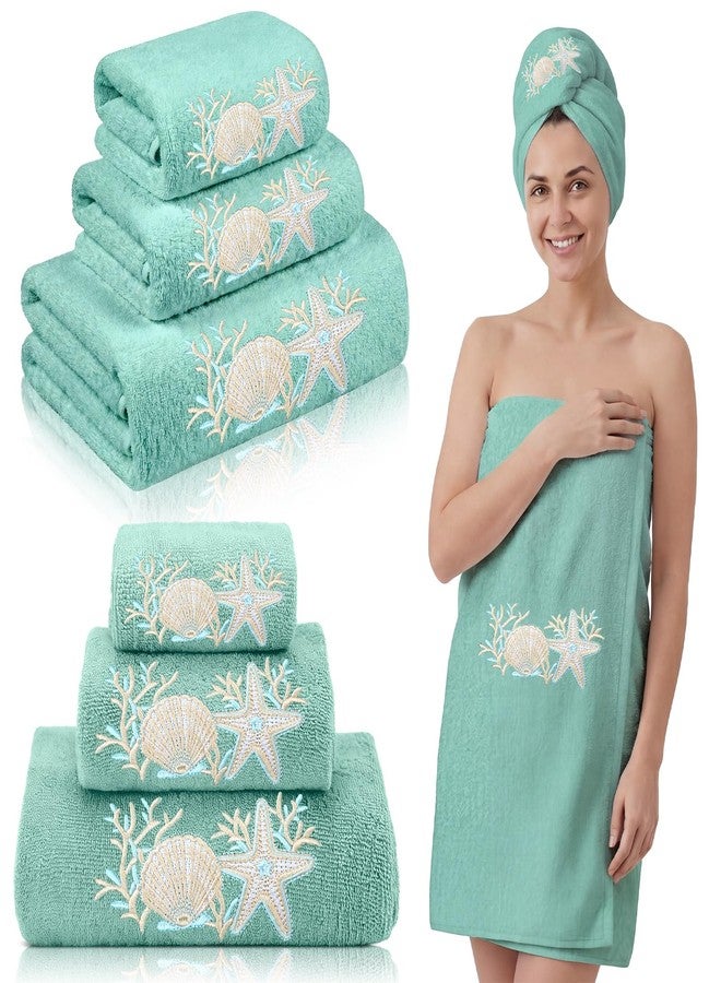 Gilprop 3 Pcs Coastal Ocean Bath Cotton Towels Set Including 1 Bath Towel 1 Hand Towel and 1 Wash Cloth, Teal Beach Embroidered Towels Gift Set for Summer Kitchen Bathroom Gym Spa Decoration - Image 1