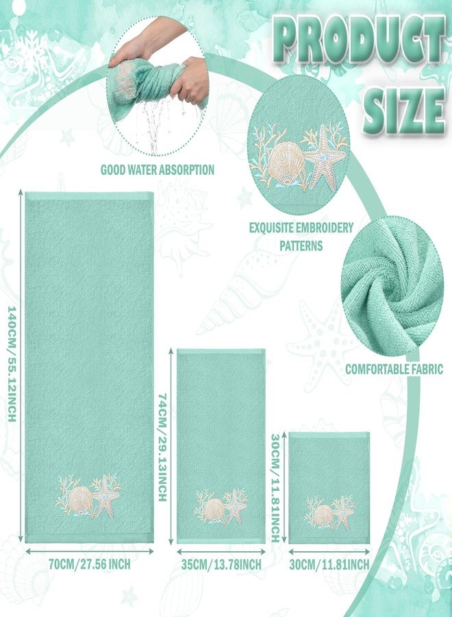 Gilprop 3 Pcs Coastal Ocean Bath Cotton Towels Set Including 1 Bath Towel 1 Hand Towel and 1 Wash Cloth, Teal Beach Embroidered Towels Gift Set for Summer Kitchen Bathroom Gym Spa Decoration - Image 3