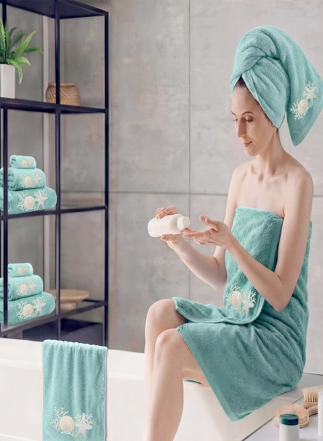 Gilprop 3 Pcs Coastal Ocean Bath Cotton Towels Set Including 1 Bath Towel 1 Hand Towel and 1 Wash Cloth, Teal Beach Embroidered Towels Gift Set for Summer Kitchen Bathroom Gym Spa Decoration - Image 2