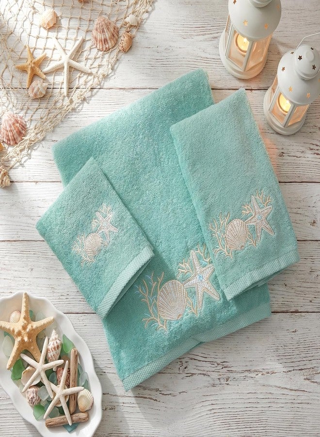 Gilprop 3 Pcs Coastal Ocean Bath Cotton Towels Set Including 1 Bath Towel 1 Hand Towel and 1 Wash Cloth, Teal Beach Embroidered Towels Gift Set for Summer Kitchen Bathroom Gym Spa Decoration - Image 5