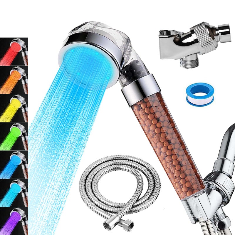 Vacto LED Handheld Shower Head Set with Filtration Automatic 7color Changing Shower Head Kit High Pressure Handheld Shower Head with Hose and Bracket Water Saving Showerheads with Filtration Beads