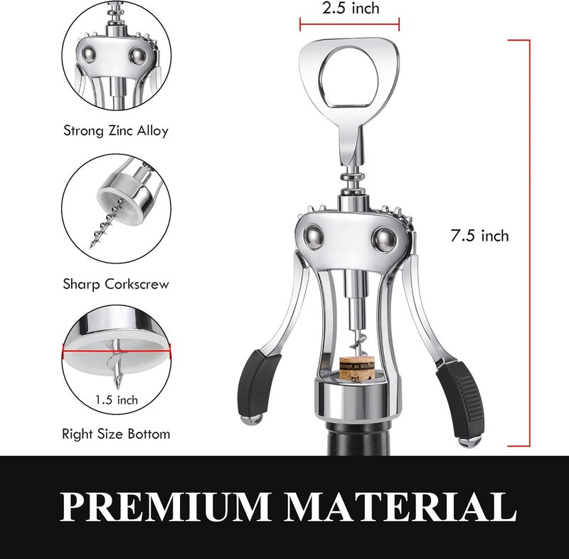 KORCCI Wine Opener, Heavy-Duty Zinc Alloy Wing Corkscrew, Premium Beer Bottle Opener, Multifunctional Wine Accessories with Ergonomic Handle and Sharp Screw, for Kitchen, Bar, Restaurant, Bartenders - Image 2