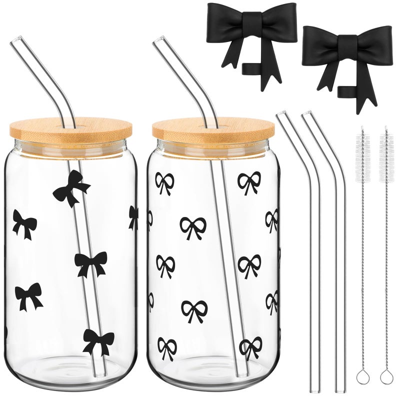 طقم سكايليتي من 2 كوب زجاجي أسود مزين بقوس سعة 16 أونصة مع أغطية وقشات قش قابلة لإعادة الاستخدام مع أغطية سيليكون واقية و2 فرشاة لشرب القهوة والشاي والكوكتيل