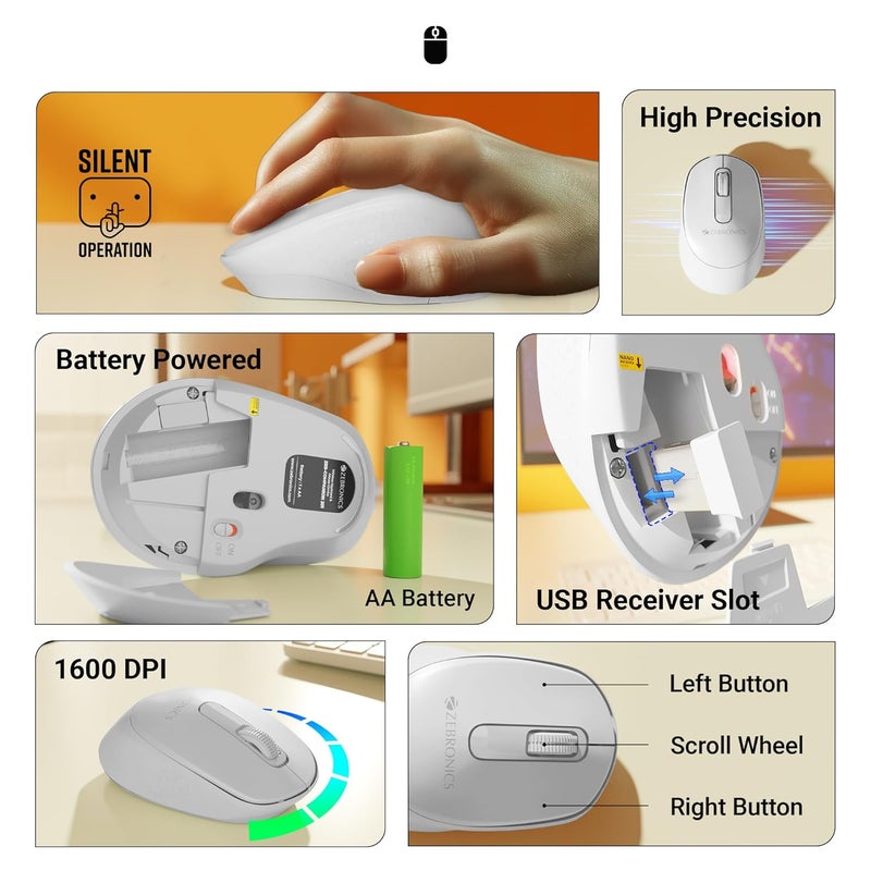 ZEBRONICS كيبورد وماوس لاسلكي كومبو Companion 201 بتردد 2.4GHz، 83 مفتاح، مفتاح مساعد بالذكاء الاصطناعي، 12 مفتاح وسائط متعددة مدمجة، ماوس بـ 3 أزرار، 1600 DPI، دقة عالية، تشغيل صامت (أبيض) - Image 5