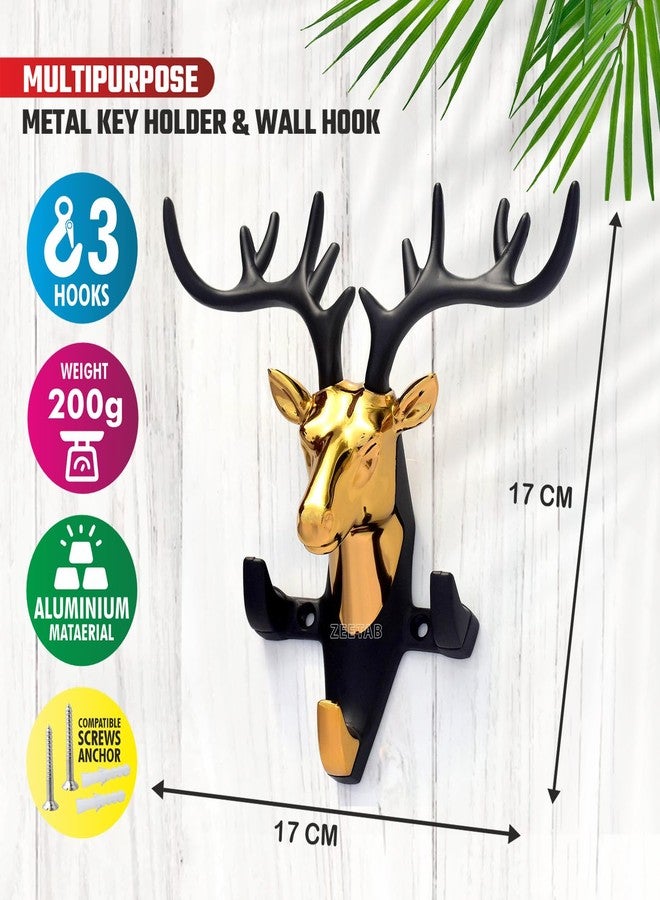 Zeetab Deer Key Holder, Wall Mount Cloth Hanger & Metal Key Stand with 3 Hook | Home Decor Gift (Gold) - Image 2