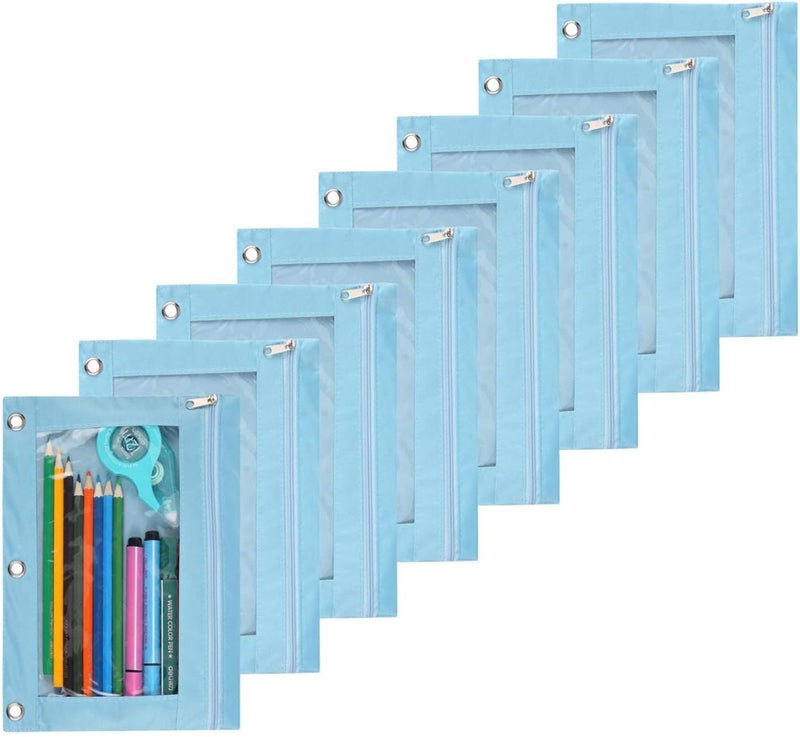 SdeFe Store Zippered Pen Pencil Binder Pouch 3 Rings with Clear Window for School Classroom Organizers 8 Pcs (Light Blue) - Image 1