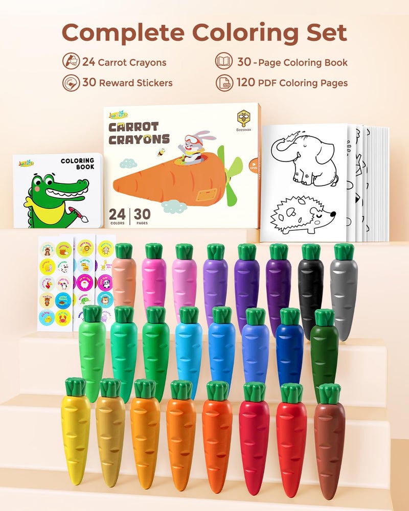 JUPITEARTH Crayons for Kids Ages 4-8 (24 Colors), Non Toxic Beeswax Crayons Cute Carrot-Shaped with Coloring Book and 120 PDF Pages, Mess-Free Coloring for Kids Art Supplies Learning Fun Gift - Image 4