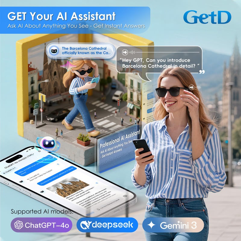 GetD AI Glasses for Men & Women - Smart Glasses with Real-Time Translation in 145 Languages, Powered by ChatGPT, Nylon Polarized Aviator Sunglasses, Bluetooth 5.4,11H Music/9H Calls, 2 Extra Temples - Image 5