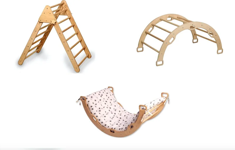 Kidoppo Pikler Climbing Set | Wooden Montessori Play Set and Activity Center | Triangle + Belt + Star Pillow