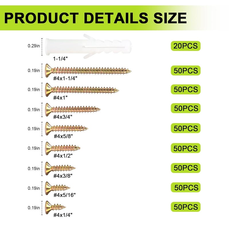 JERLITU #4 Flat Head Small Wood Screws Assortment kit, 420Pcs, Phillips Short Screw, Yellow Zinc Plated, Cabinet Hinge Mounting, Electronics DIY Micro Screws Fasteners Set, Contains 20pcs M6 Screw Anchors - Image 2