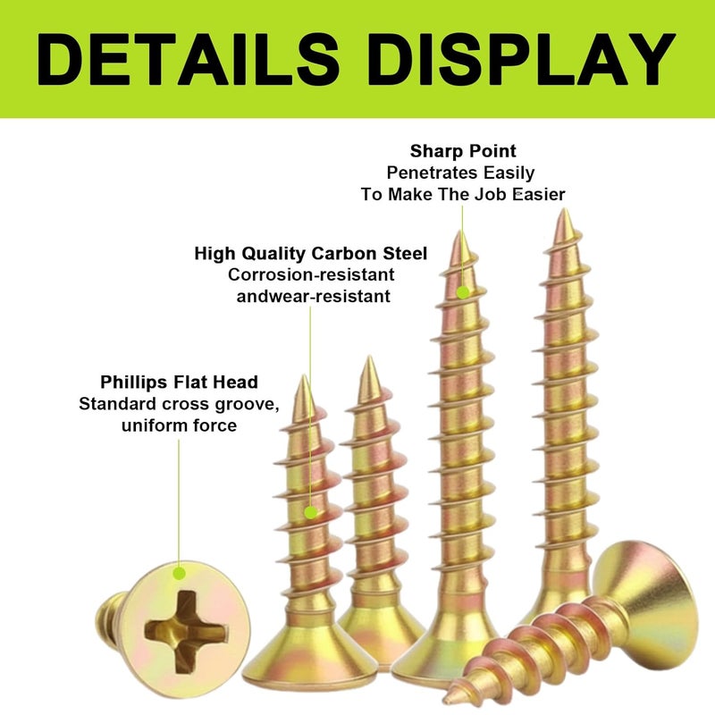 JERLITU #4 Flat Head Small Wood Screws Assortment kit, 420Pcs, Phillips Short Screw, Yellow Zinc Plated, Cabinet Hinge Mounting, Electronics DIY Micro Screws Fasteners Set, Contains 20pcs M6 Screw Anchors - Image 3