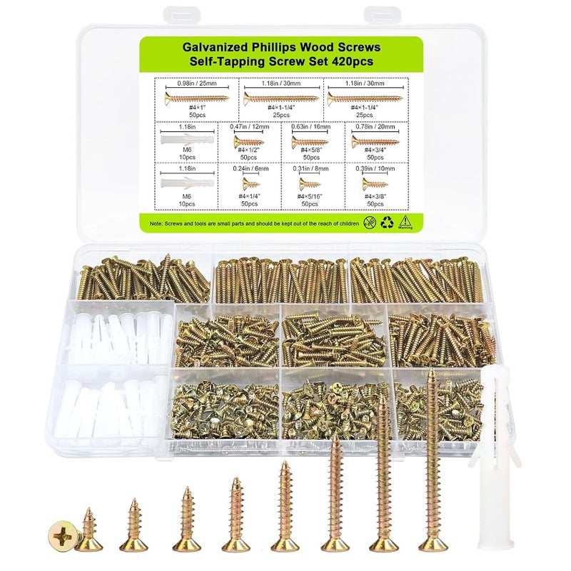 JERLITU #4 Flat Head Small Wood Screws Assortment kit, 420Pcs, Phillips Short Screw, Yellow Zinc Plated, Cabinet Hinge Mounting, Electronics DIY Micro Screws Fasteners Set, Contains 20pcs M6 Screw Anchors - Image 1