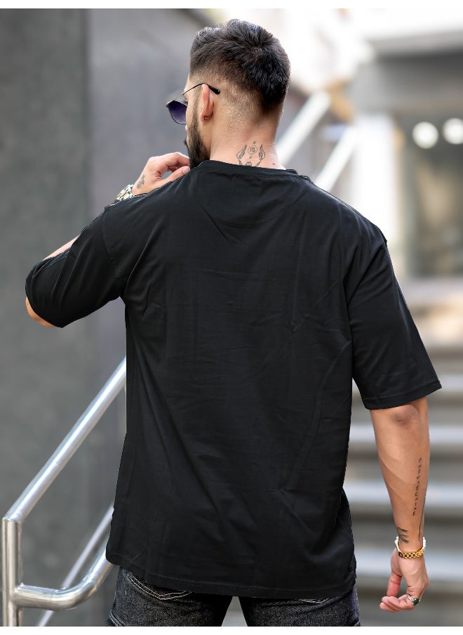 Maniac Mens Printed Round Neck 3/4th Sleeve Black Cotton T-Shirt  - Image 4