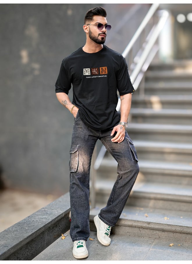 Maniac Mens Printed Round Neck 3/4th Sleeve Black Cotton T-Shirt  - Image 5