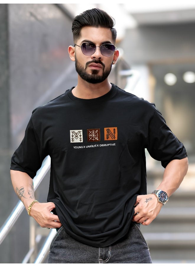 Maniac Mens Printed Round Neck 3/4th Sleeve Black Cotton T-Shirt  - Image 3