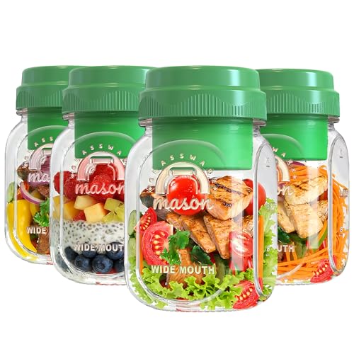 Syntic [UPGRADE] 4 Pack Green Salad Jars with Lids and Airtight Silicone Dressing Cup, Square Glass Salad Container for Lunch with Foldable Fork for Men/Women, 32 Oz Mason Jar for Overnight Oats Meal Prep - Image 1