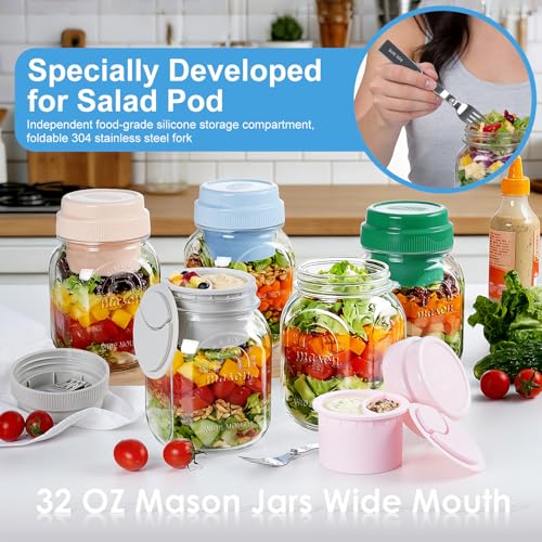 Syntic [UPGRADE] 4 Pack Green Salad Jars with Lids and Airtight Silicone Dressing Cup, Square Glass Salad Container for Lunch with Foldable Fork for Men/Women, 32 Oz Mason Jar for Overnight Oats Meal Prep - Image 5