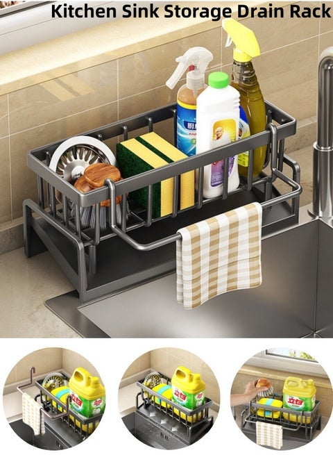 Kitchen Sink Storage Rack with Towel Rod Sink Drying Drainer Rack,Toilet Storage Rack, Soap Dishcloth Brush Holder Organizer for Kitchen,Kitchen Faucet Sponge Holder,Drain Rack for Sponge, Soap, Brush, Towel, Scrubbers, Bathroom and Kitchen Supplies