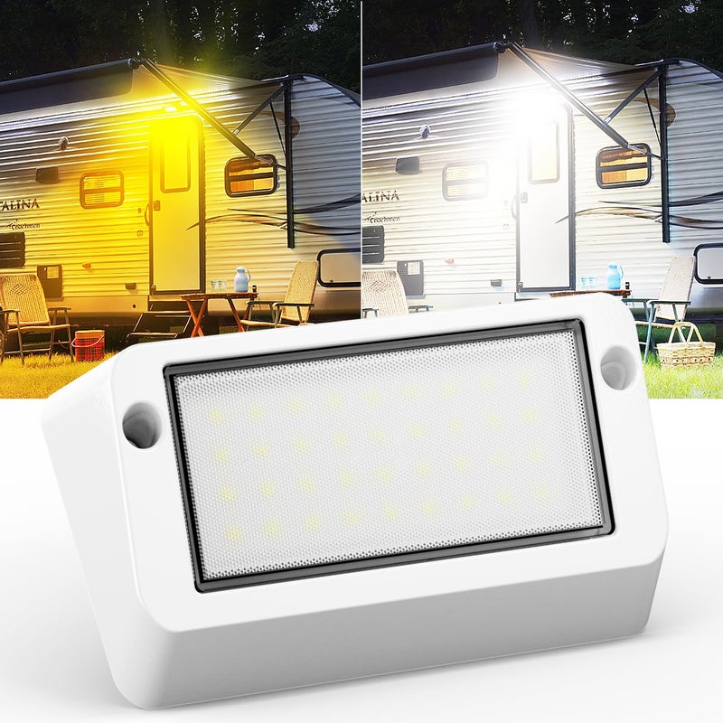 Safoner Aluminum RV LED Porch Light- Dual Color Switchable White & Amber, 1400LM Bright Outdoor Light, IP67 Waterproof 12-30V DC, for Campers, Trailers, Motorhomes (White Housing)- 1 Pack - Image 1
