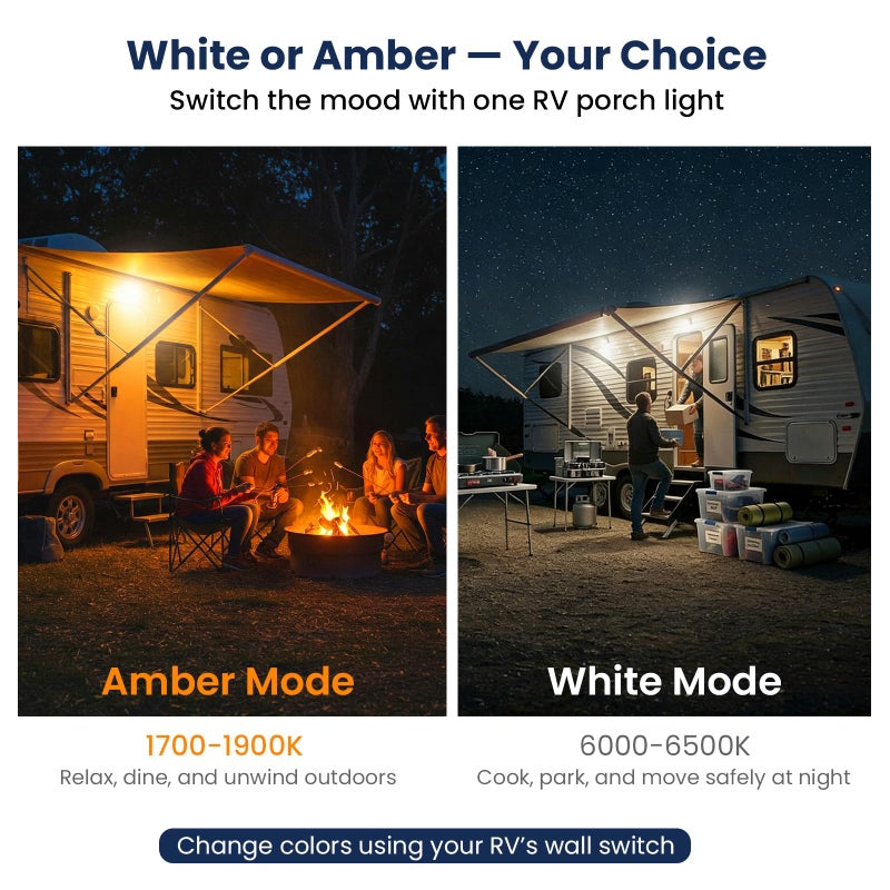 Safoner Aluminum RV LED Porch Light- Dual Color Switchable White & Amber, 1400LM Bright Outdoor Light, IP67 Waterproof 12-30V DC, for Campers, Trailers, Motorhomes (White Housing)- 1 Pack - Image 3