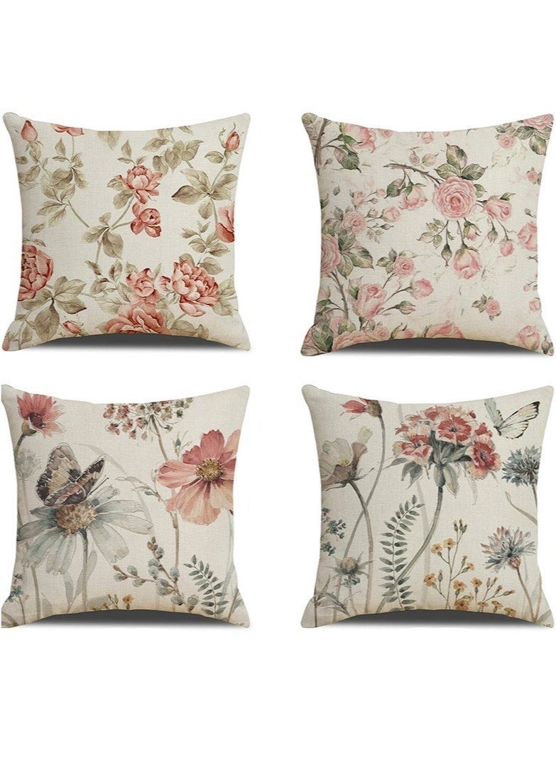 Bukela 4PCS Decorative Throw Pillow Covers 18x18 inches Set of Birds Butterfly and Plant Cushion Covers 45cm x 45cm Boho Linen Square Throw Pillow Cases for Living Room Sofa Couch Bed Pillowcases - Image 1